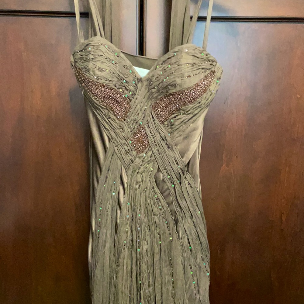 NINA AUSTIN chocolate brown silk gown with sequins and matching shawl